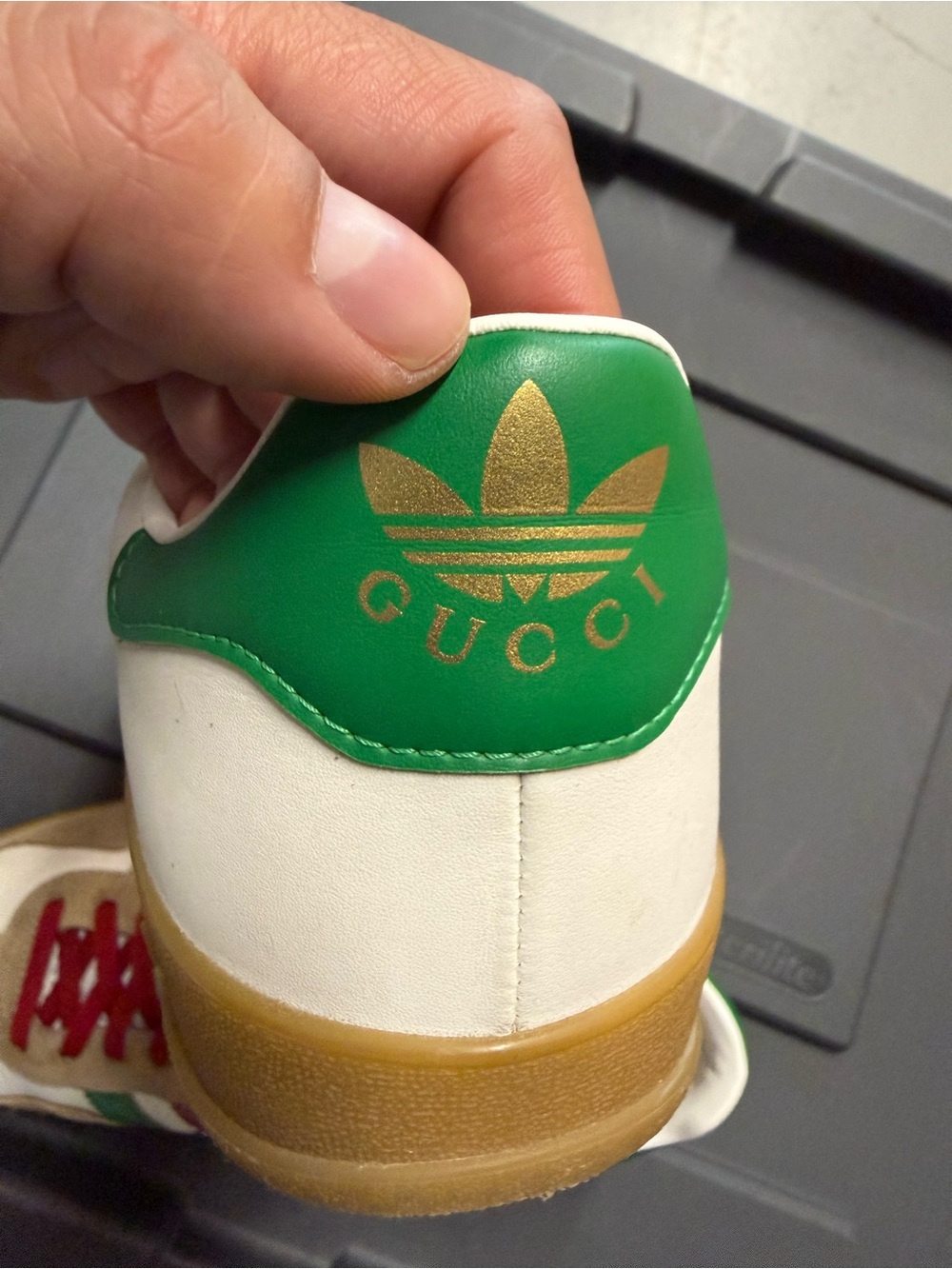 Gucci x adidas Gazelle White Leather Sneakers with Red Laces & Green Stripes - Picture 5 of 11